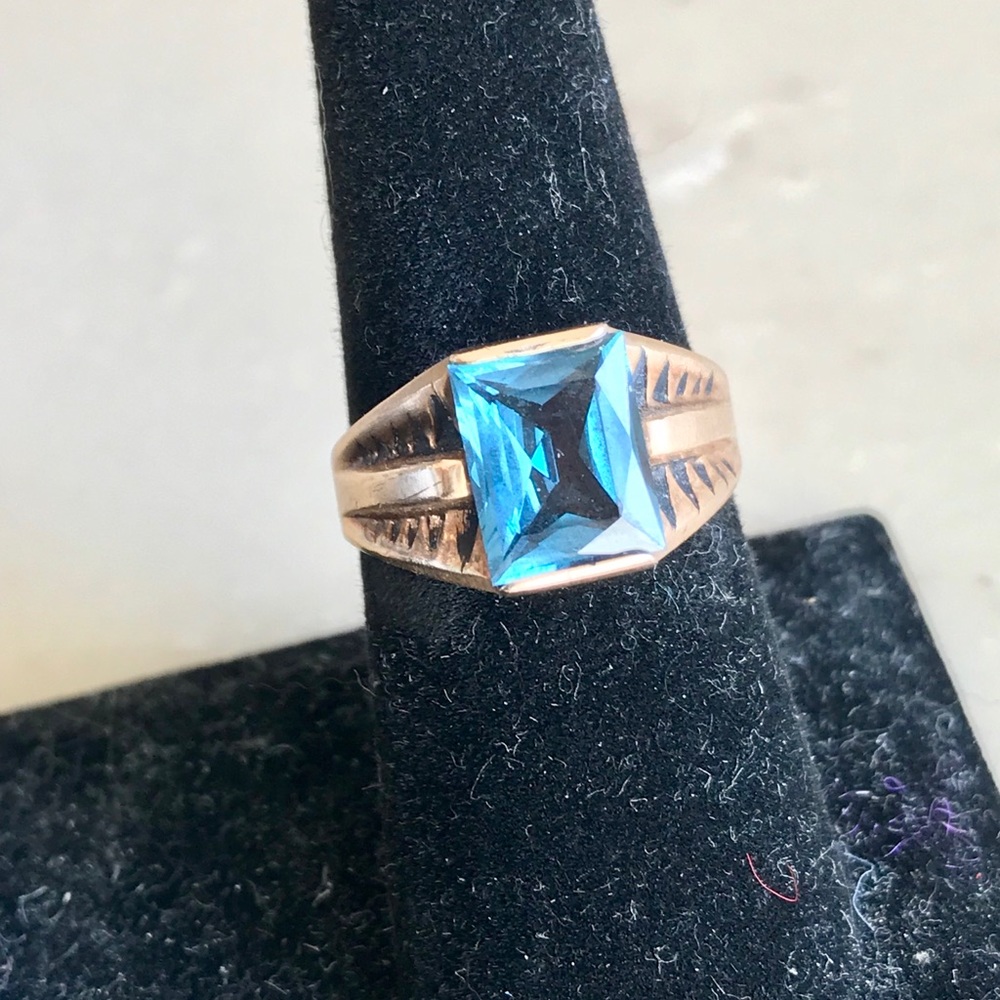 Vintage Gold Blue Topaz Deco Stamped Ring